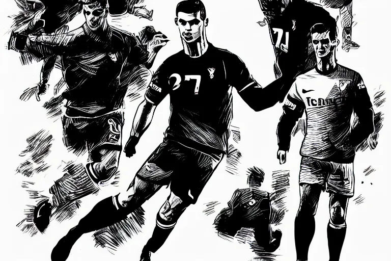 Prompt: cristiano ronaldo playing football, a page from cyberpunk 2 0 2 0, style of paolo parente, style of mike jackson, adam smasher, johnny silverhand, 1 9 9 0 s comic book style, white background, ink drawing, black and white