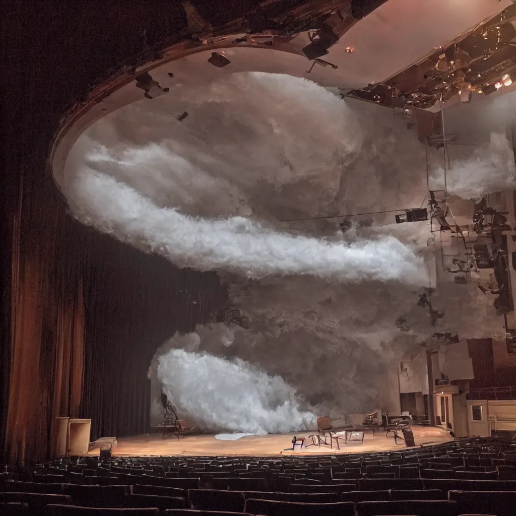 Image similar to a photograph of a tornado on a theater stage