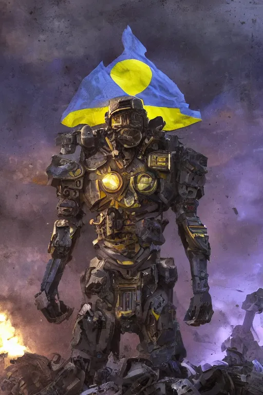 Image similar to A distant view front shot of a cyborg soldier with a Ukrainian flag behind him while he is standing on a huge pile of skulls in triumph after the battle, head is up, flag in hands, dark atmosphere, bright rays of light from the sky, beams of light, intricate, volumetric lighting, neon blue and yellow lights, highly detailed, smooth, artstation, concept art, сinematic lighting, insanely detailed, smooth, sharp focus, Artstation, 8k, unreal engine, hyper realistic, steampunk style, bright background, moonlight, volumetric lighting, wallpaper, digital illustration by Ruan Jia and Mandy Jurgens and Artgerm and Wayne Barlowe and Greg Rutkowski and Frank Frazetta