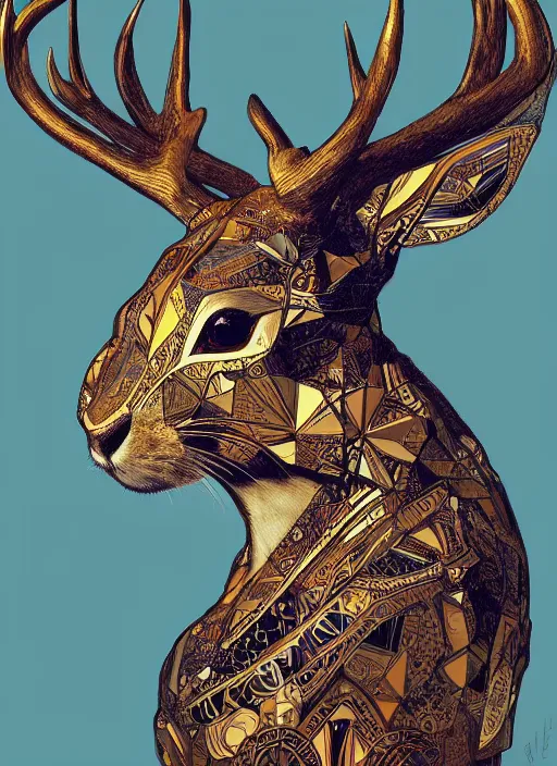 Image similar to Geometric Rabbit with antlers, intricate, elegant, highly detailed, digital painting, artstation, concept art, smooth, sharp focus, illustration, art by artgerm and greg rutkowski and alphonse mucha