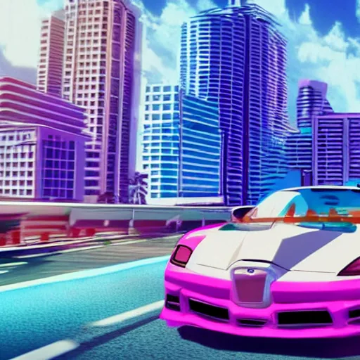 Prompt: vaporwave miami beach yakuza in suit driving in sports car driving with city in background