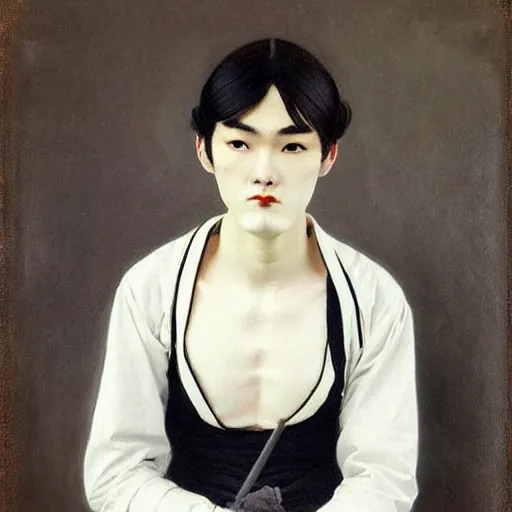 Image similar to full body painting of grumpy handsome thin beautiful man in his 2 0 s named min - jun in a french female maid outfit, modern clothing, elegant, clear, painting, stylized, delicate facial features, stylized thin lines, soft but grumpy, highly detailed, art, art by egon alphonse yamamoto