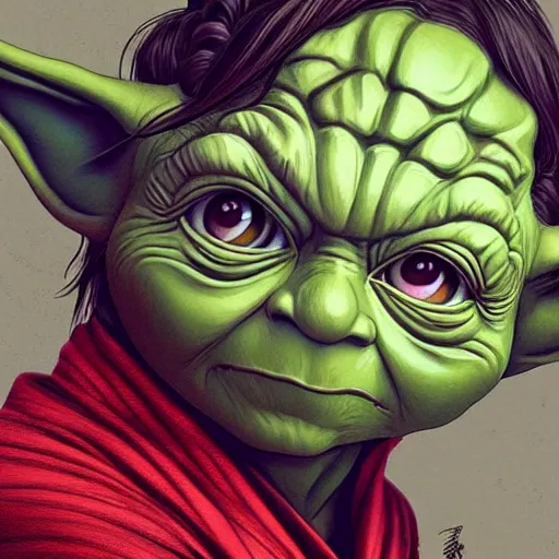 Prompt: yoda, female, jedi master, wearing the traditional jedi robe, beautiful and uniquely odd looking, detailed symmetrical close up portrait, intricate complexity, in the style of artgerm and ilya kuvshinov, magic the gathering, star wars art,