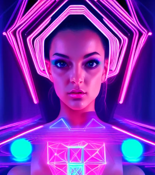 Image similar to symmetry!! latin princess of technology, solid cube of light, hard edges, product render retro - futuristic poster scifi, lasers and neon circuits, beautiful woman latin princess, intricate, elegant, highly detailed, digital painting, artstation, concept art, smooth, sharp focus, illustration, dreamlike, art by artgerm