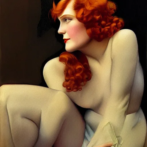 Image similar to an oil painting depicting an redhead girl, 1920s style, smooth, highly detailed, high contrast, Coles Phillips, Dean Cornwell, JC Leyendecker, 8K