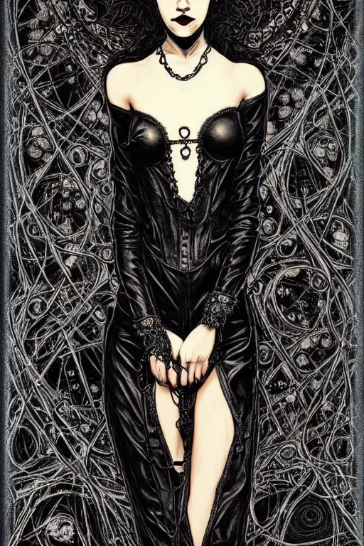 Image similar to dreamy gothic girl, black leather slim clothes, chains, art nouveau, beautiful body, detailed acrylic, grunge, intricate complexity, by dan mumford and by alberto giacometti, peter lindbergh