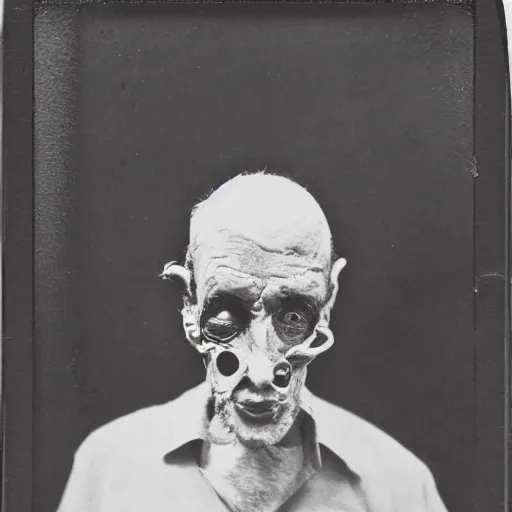 Prompt: a realistic polaroid photo of an old man after a failed experiment inside a laboratory, the head of the old man is deformed and dark, evil god, smoke, fire, demon, cosmic horror