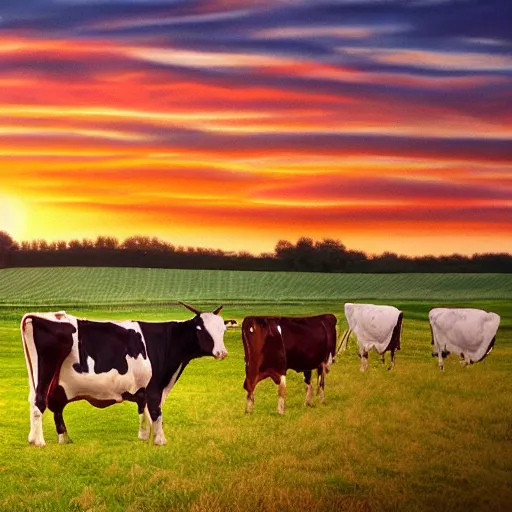 Image similar to rural landscape with fields and cows, Sunset, tilt shift