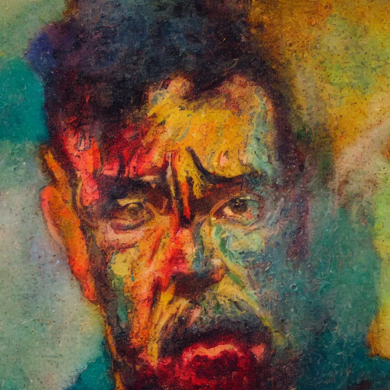 Prompt: colorful Antique tintype of Beautiful warmly lit close up expressionistic oil painting studio portrait of very angry! Tom Hanks yelling, impasto oil painting heavy brushstrokes by Cy Twombly and Anselm Kiefer , trending on artstation dramatic lighting abstract Expressionism