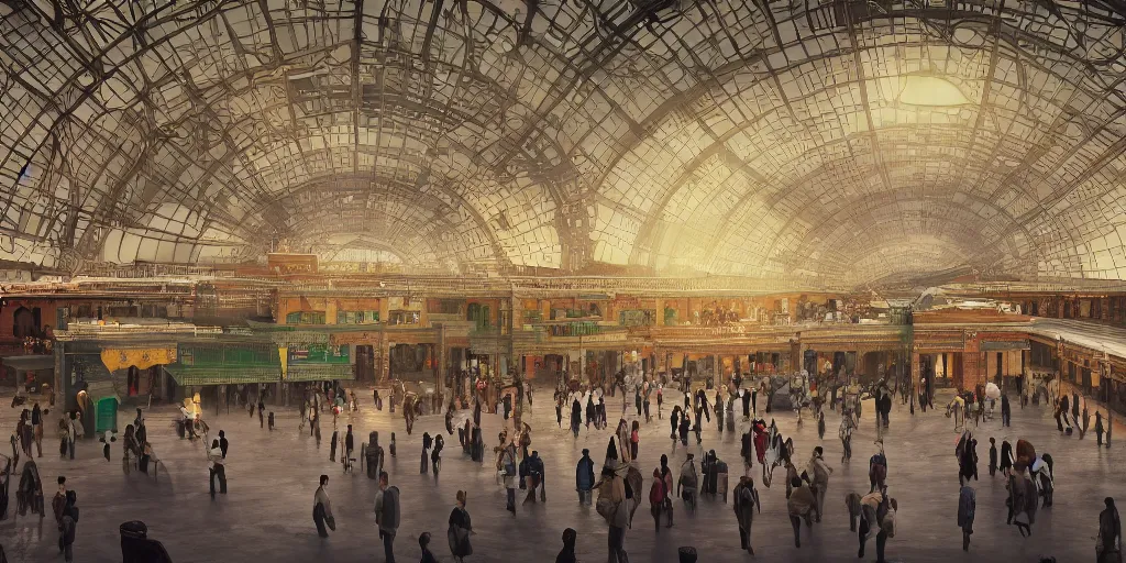 Image similar to cinematic movie scene, establishing shot, precise architectural rendering, interior of british era india railway station, bustling with people and, emerald, crystalline, detailed illustration, sharp focus, concept art, unreal engine, octane render, god rays, aesthetic