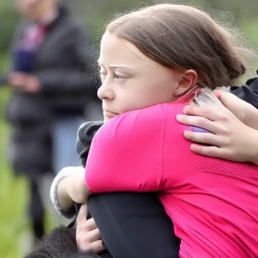 Prompt: greta thunberg hugging coal, in front of a coal fired power station