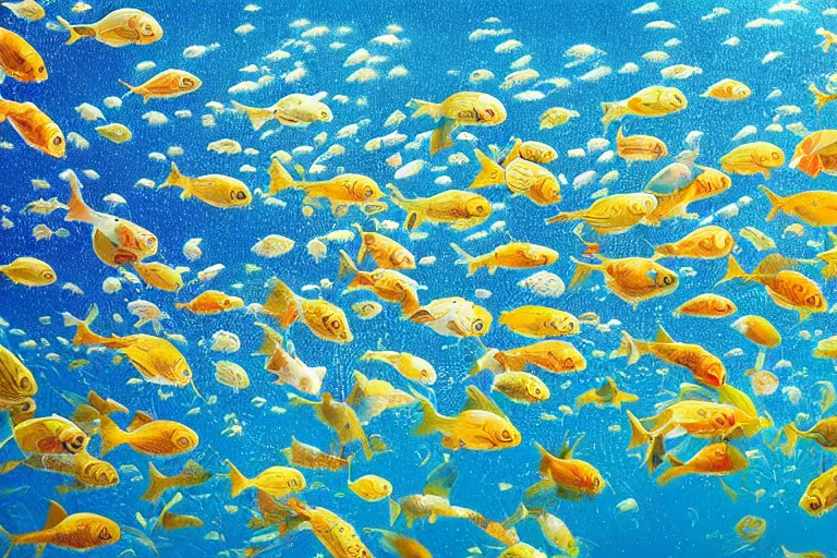 Image similar to portrait of goldfishes swarming the ocean. shadow and light. rays of light. energetic, dynamic, lively, detailed, intricate, complex. fine art by hayao miyazaki, akira toriyama, makoto shinkai, and ohara koson. studio lighting. tilt and shift lens.