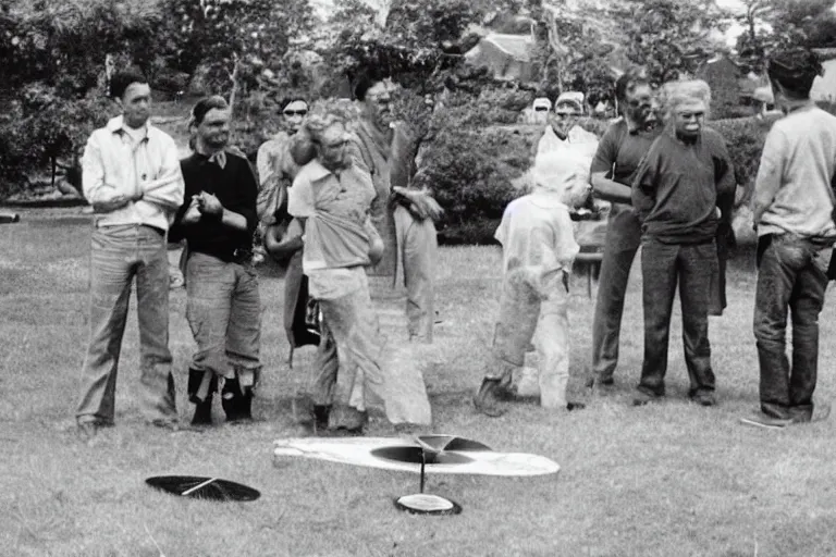 Image similar to an old photo of people looking at metal saucer flying in the skin on the neighborhood
