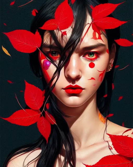 Image similar to highly detailed ugly hippie, black hair, flying leaves on backround, symmetrical, red lips, paint by ilya kuvshinov and anna dittman trending on artstation, intricate details, energetic composition, golden ratio, concept art, illustration, elegant art