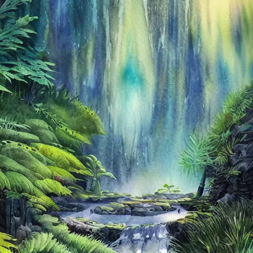 Image similar to beautiful lush imposing natural scene on another planet. different than earth but beautiful. lightfall. beautiful detailed artistic watercolor. trending on artstation and deviantart.