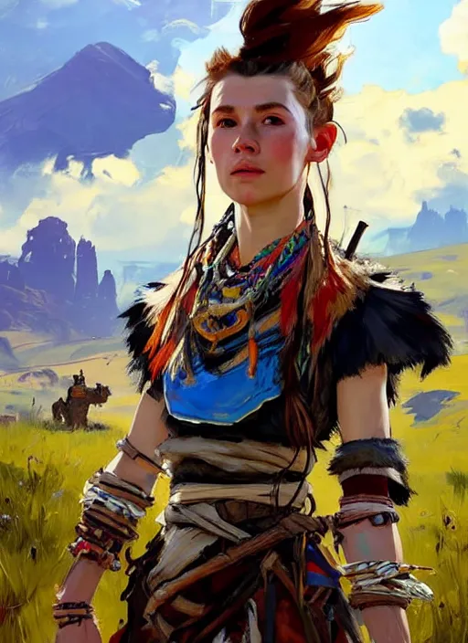 Prompt: portrait of a eastern european Aloy from Horizon Zero Dawn in the style of Apex Legends practicing, countryside, calm, fantasy character portrait, dynamic pose, above view, sunny day, clouds in the sky, artwork by Jeremy Lipkin and Giuseppe Dangelico Pino and Michael Garmash and Rob Rey and Greg Manchess, very coherent asymmetrical artwork, sharp edges, perfect face, simple form, 100mm