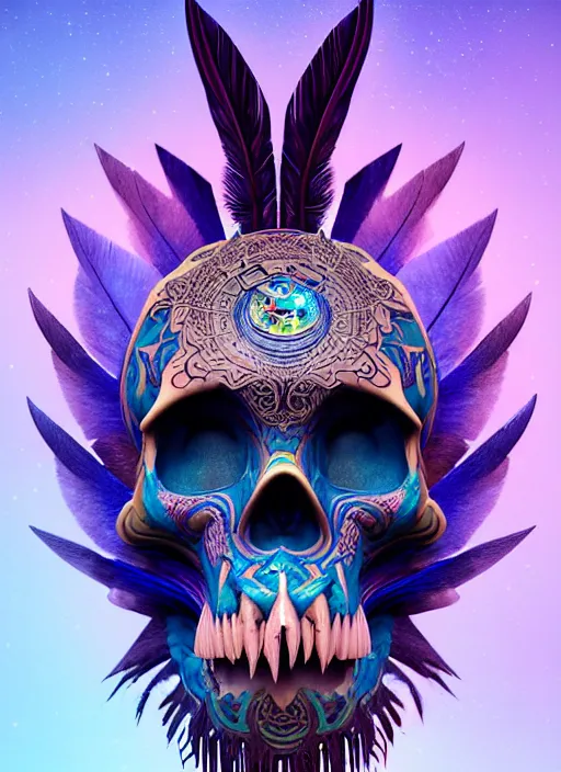 Image similar to 3 d shaman with tattoos profile portrait, sigma 5 0 0 mm f / 5. beautiful intricate highly detailed quetzalcoatl skull and feathers. bioluminescent, gradient background, plasma, frost, water, wind, creature, thunderstorm! artwork by tooth wu and wlop and beeple and greg rutkowski, 8 k trending on artstation,