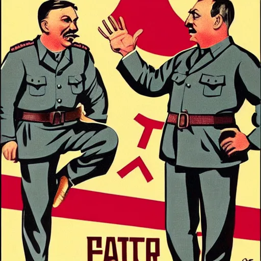 Image similar to leader of fascist hungary, viktor orban, adolf hitler and joseph stalin win farting contest together, soviet propaganda poster art from 1 9 4 4, colored, highly detailed illustration