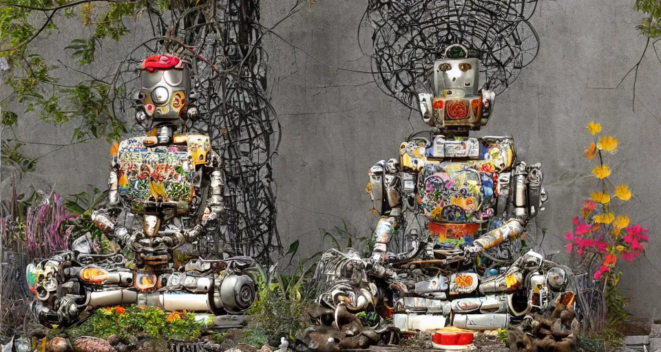 Prompt: a 1 0 0 0 armed quan yin robot sitting in prayer in the lotus garden made from scrap parts from a futuristic junkyard, digital art h 9 6 0