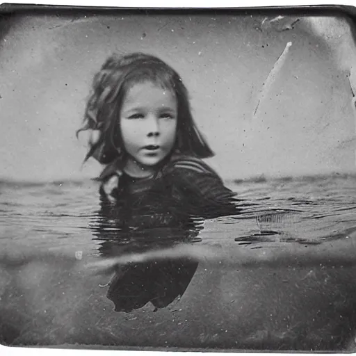 Image similar to tintype photo, swimming deep underwater, kid with huge centipedes