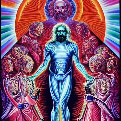 Image similar to karl Marx painting by alex grey in the style of cosmic christ by alex grey