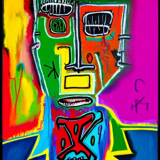 Image similar to colorful odd colors detailed abstract neo expressionism chaotic oil painting of sad boy business man depressed with tattoos by basquiat