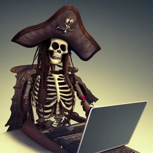 Prompt: a pirate skeleton with a pirate hat sitting in front of a laptop programming, dark room, light coming from crt monitor, highly detailed, intricate, digital art, trending on artstation, trending on cgsociety