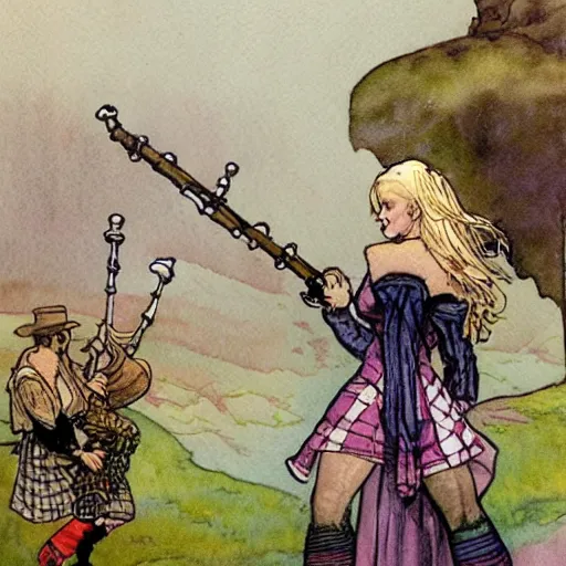 Image similar to a realistic and atmospheric watercolour fantasy concept art of britney spears dressed with scottish clothes and with bagpipe, muted colors. by rebecca guay, michael kaluta, charles vess and jean moebius giraud,