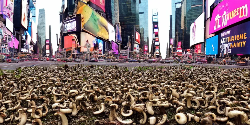 Prompt: Times Square overgrown with mushrooms, Alternate Universe