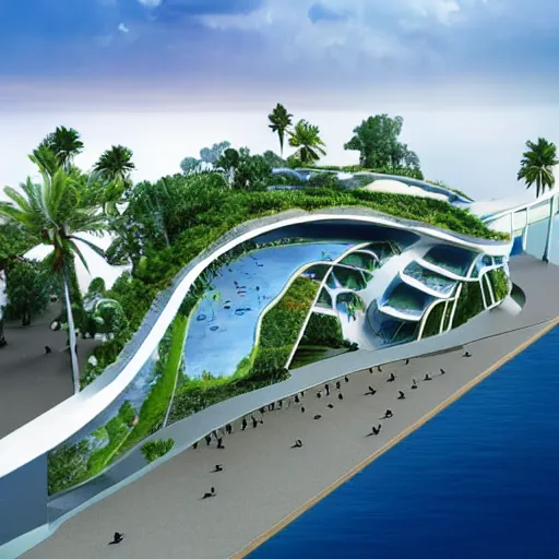 Image similar to architectural renderings, a seaside visitor center consisting of three mushroom - shaped buildings on the blue sea with tall coconut trees ， detailed