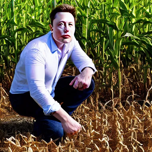 Prompt: elon musk squatting in a cornfield, high res photograph,