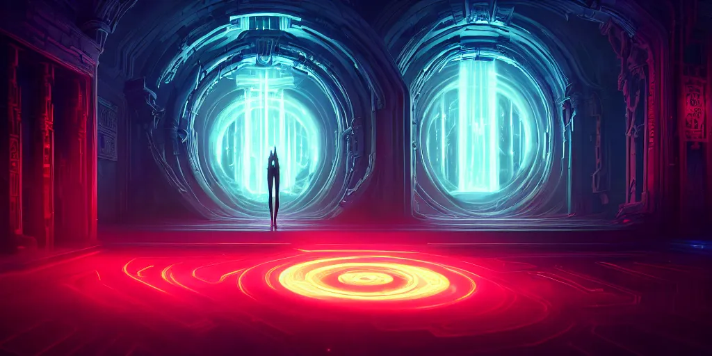 Image similar to portal to the ethereal realm, centered composition, intricate concept art, ethereal, ominous, mysterious, enchanted, magic, dramatic lighting, illuminated lines, outrun, vaporware, illuminated runes, cyberpunk darksynth, dark background, 8 k, octane render, by james paick and stephan martiniere and alphonse mucha