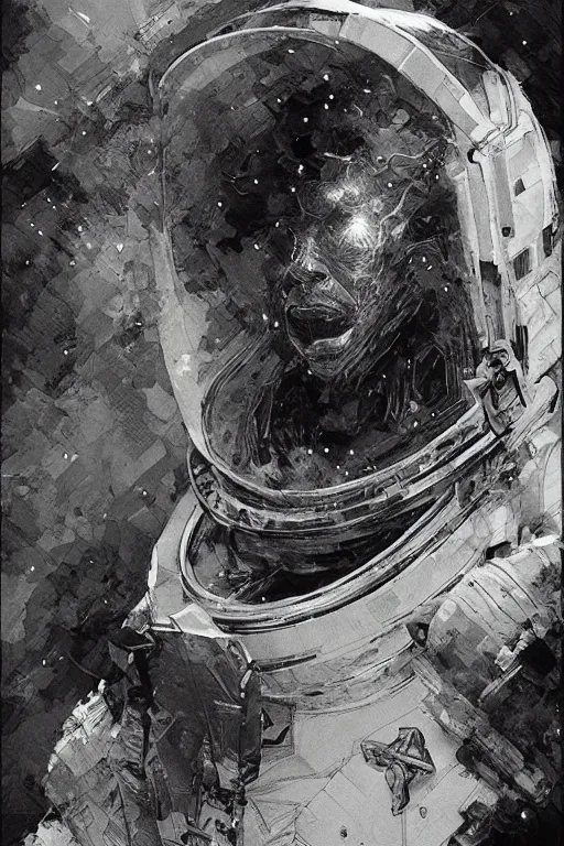 Image similar to portrait of astronaut from the void, pen and ink, intricate line drawings, by craig mullins, ruan jia, kentaro miura, greg rutkowski