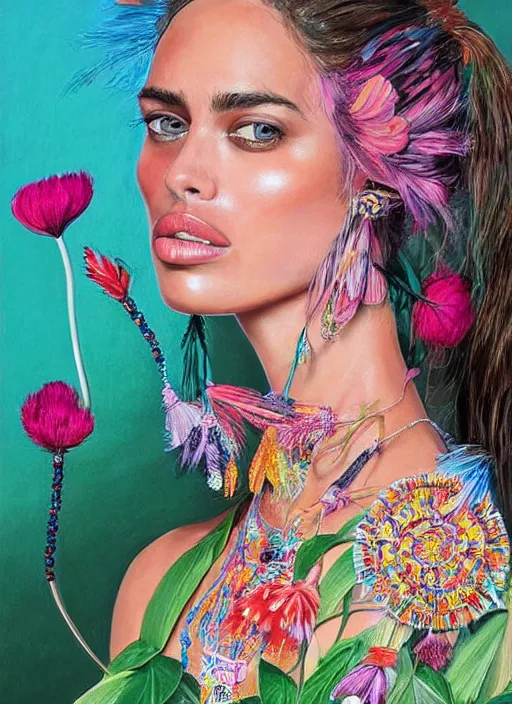 Image similar to beautiful portrait of Irina Shayk wearing fantastic Hand-dyed cotton dress,embellished beaded feather decorative fringe knots ,colorful pigtail,subtropical flowers and plants,dramatic,symmetrical face,intricate,elegant,highly detailed,8k,post-processing,digital painting,trending on pinterest, GUCCI,PRADA,concept art, sharp focus, illustration, by artgerm,Tom Bagshaw,Lawrence Alma-Tadema,greg rutkowski,alphonse Mucha