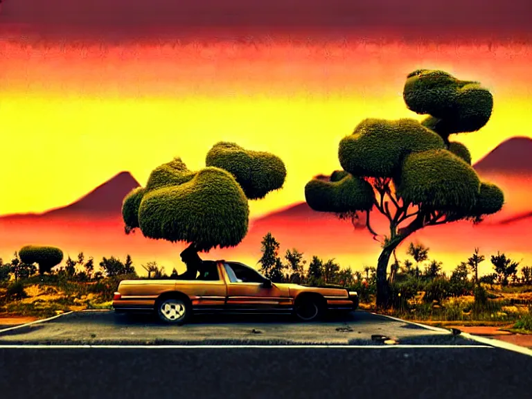 Prompt: low angle shot of tree growing inside scrap car in the foreground. overgrown. soft golden red sunset over the mountains in the background. clouds. detailed leaves, the style of 1 9 9 0's cg graphics against the cloudy night sky, lsd dream emulator psx, 3 d rendered y 2 k aesthetic by ichiro tanida, 3 do magazine, wide shot