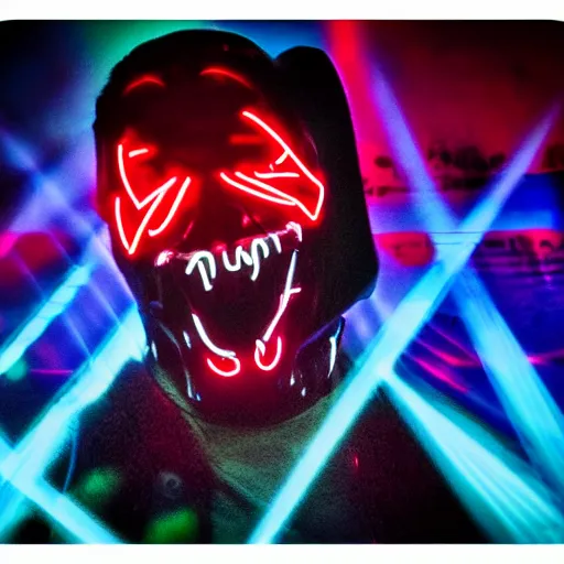 Image similar to a monster, neon lights, red, blue, green, dramatic lighting, heroic exposure, cool