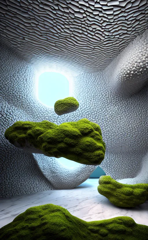 Prompt: highly detailed ultra sharp 3 d render villa interior cinematic composition of a ceramic porcelain biomorphic magnolia stone nebula fluid smooth fractal sci - fi surreal architecture landscape, corals, white granite, lichen, marble, moss, vincent callebaut composition, mamou - mani, archviz, beautiful lighting, 8 k, unreal engine, hdr,