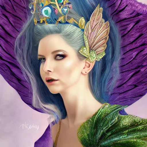 Prompt: detailed portrait of a fairy queen with wings wearing a silk robe, crown, pixie, iris, realism, emerald, galaxy, sapphire, blonde hair going down to touch the floor, moonlit, wearing a bejeweled mask, dark fantasy, dramatic lighting, dreamlike, cgsociety, artstation