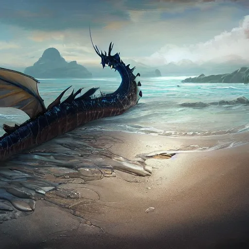 Image similar to a dying beached sea dragon washing up on the shore of a beach by jaime jones, cgsociety, fantasy art, concept art, artstation hd, deviantart hd. highly detailed. dramatic light. masterpiece