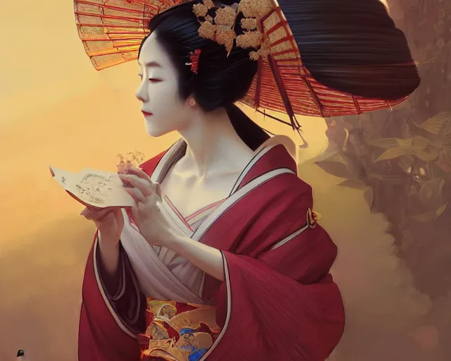 Image similar to photography of a beautiful japanese geisha, deep focus, d & d, fantasy, intricate, elegant, highly detailed, digital painting, artstation, concept art, matte, sharp focus, illustration, hearthstone, art by artgerm and greg rutkowski and alphonse mucha