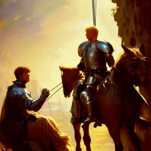 Image similar to attractive arthur pendragon and his favourite attractive male knight, they are in love, camelot, natural lighting, path traced, highly detailed, high quality, digital painting, by gaston bussiere, craig mullins, j. c. leyendecker