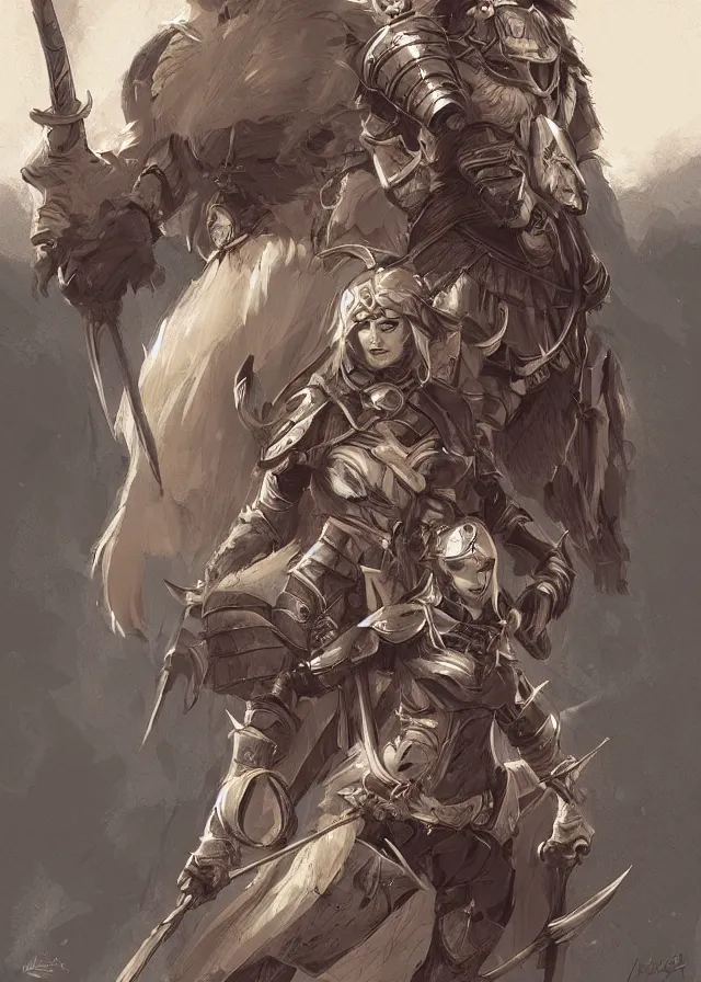 Prompt: a beautiful hyper realistic detailed epic concept art showing a noble knight women with her raccoon guardian above her, by matt rhodes, featured on artstation