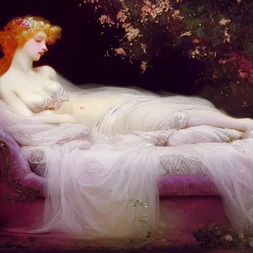 Image similar to blonde beautiful sleeping princess by Franz Xaver Winterhalter and Delphin Enjolras and Rebecca Guay