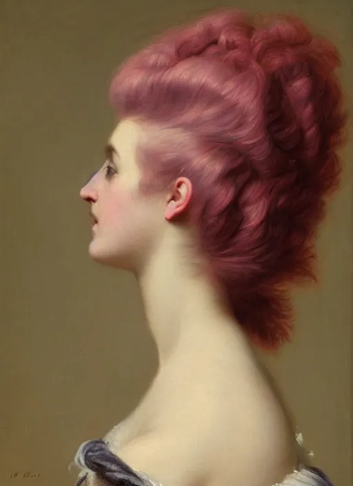 Image similar to a detailed portrait of woman with a mohawk by edouard bisson, year 1 8 5 0, pink hair, punk rock, oil painting, muted colours, soft lighting