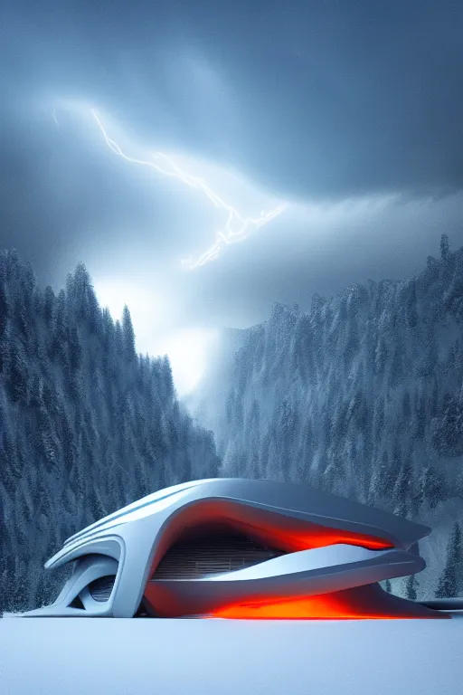 Image similar to a futuristic scene in front of a zaha hadid building in the forrest of the french alps in the style of chris moore, stormy weather with lightning, cinematic matte painting, extreme detail 8 k photo quality, orange lasers, snowfall, featured on behance