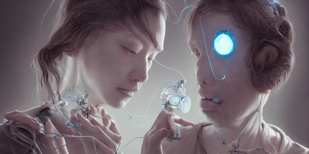 Image similar to hyperrealistic photography of a gorgeous female scientist constructing an empathy machine in the style of jin kagetsu, james jean, chris cunninham, hans bellmer and wlop, highly detailed, face symmetry, masterpiece, award - winning, sharp focus, intricate concept art, ambient lighting, 8 k, artstation