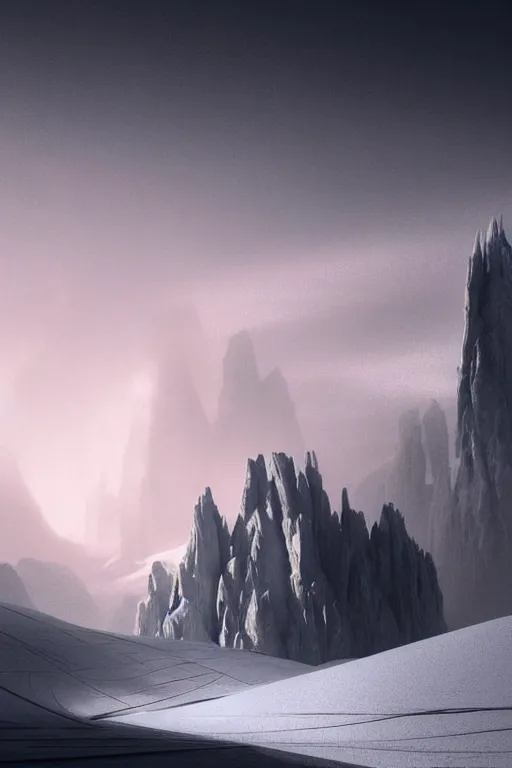 Image similar to futuristic atmosphere in the snowy mountains dolomites 3 d concept art, cinematic lighting, pale pink sunset, rule of thirds, depth of field, intricate details, building by zaha hadid, stormy weather, emissary space by arthur haas and bruce pennington and john schoenherr, cinematic matte painting, dark moody monochrome colors, trending on artstation, featured on behance