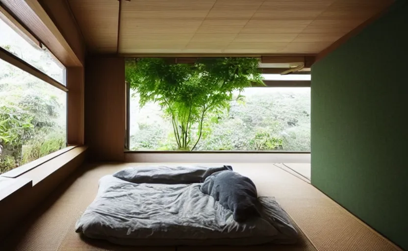 Image similar to a japanese bedroom interior, minimalist, bed, cupboards, wood, concrete, green walls, bright, windows, plants, carpet, moody light, view of a inner courtyard, retro futuristic, earth colors