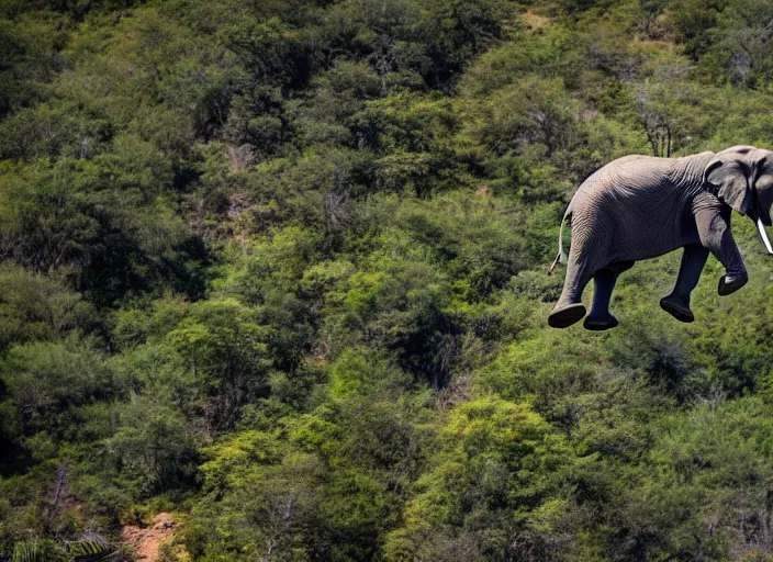 Image similar to dslr photo still of an elephant leaping off a mountain flying through the air, 4 k, 1 2 0 mm f 1 6