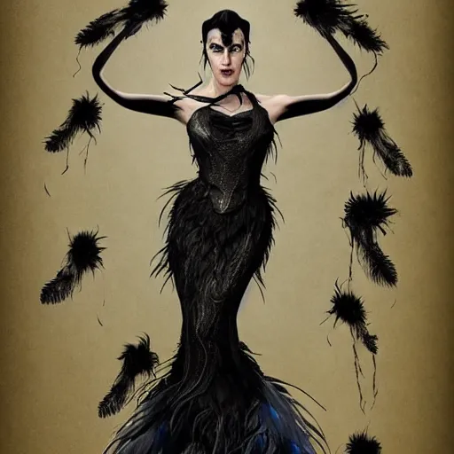 Image similar to jennifer connelly as odile the black swan, gray skin, disney villain, black feathers instead of hair, black feathers growing out of skin, losing control, black feathers growing out of face, black hands with black claws, gothic, highly detailed, comic book cover, mike mignogna, david mack, trending on artstation